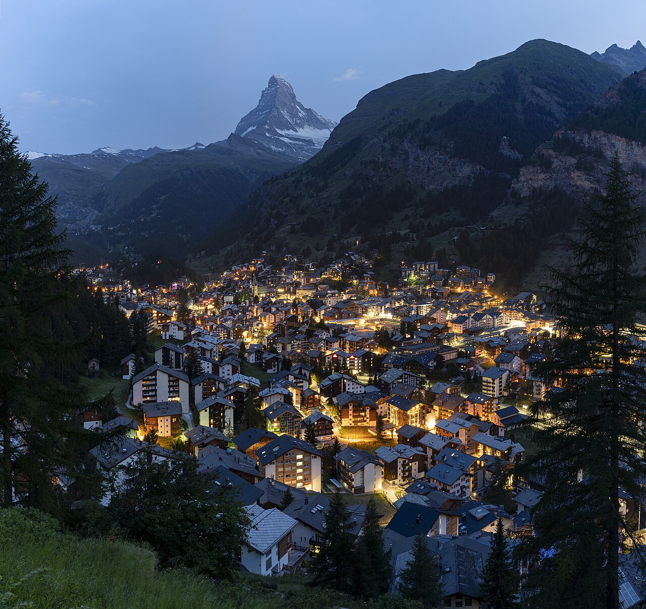 Zermatt and the Matterhorn at dusk, Switzerland