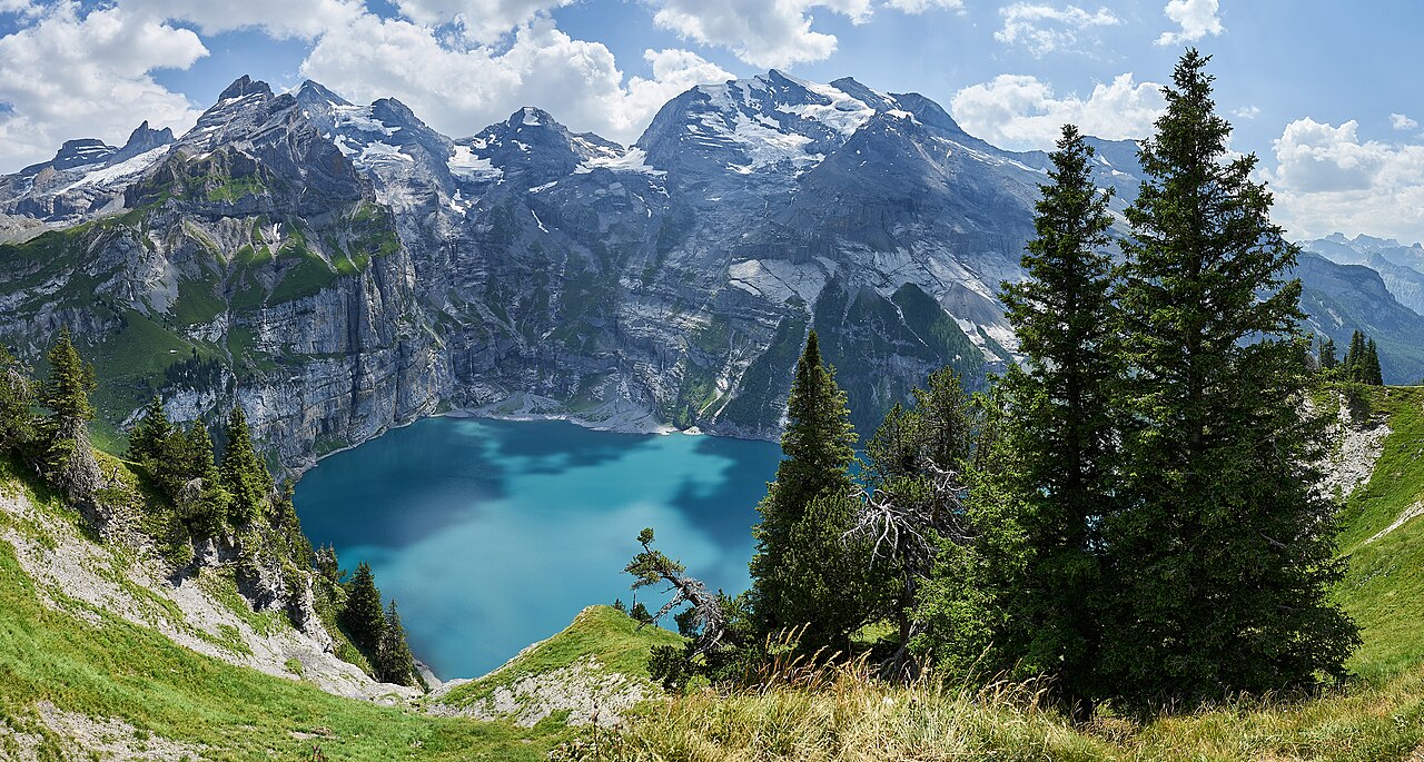 Oeschinen Lake beneath the Bernese Alps, Switzerland