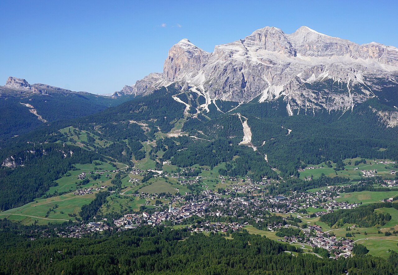 Cortina d'Ampezzo and the Dolomites viewed from Faloria, Italy