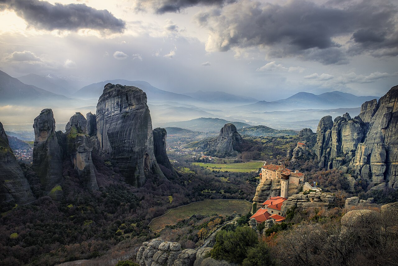 Sandstone pillars and monasteries at Meteora, Greece