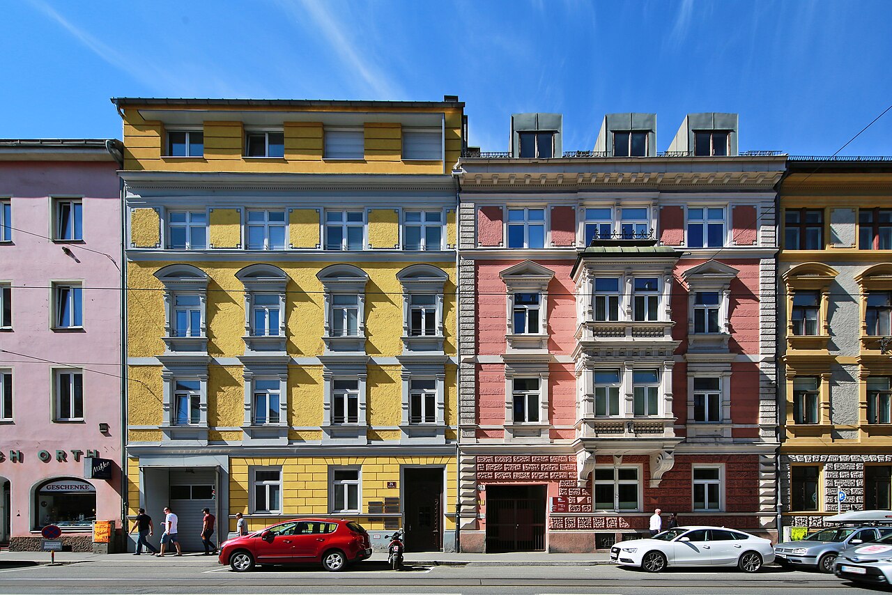 Colorful buildings along the Inn in Innsbruck, Austria
