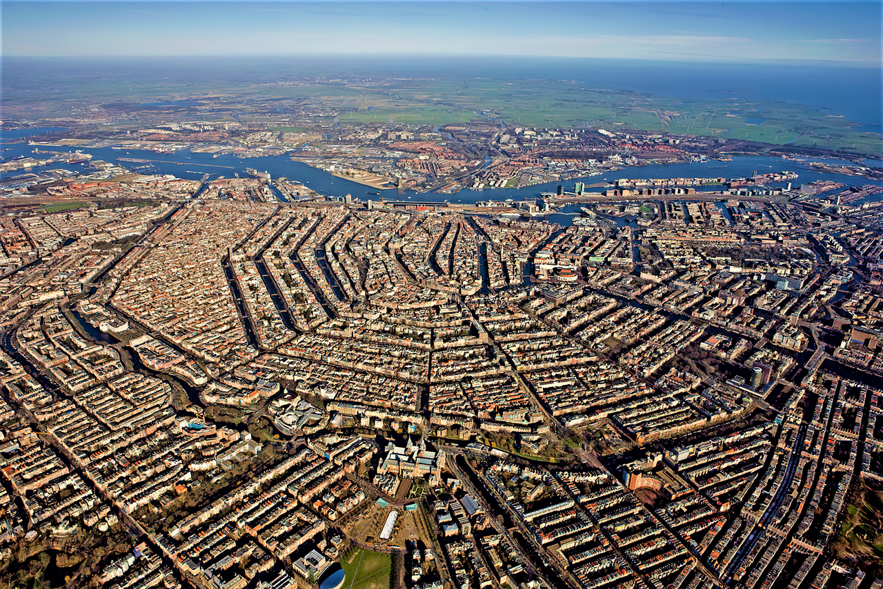 Amsterdam's canal belt viewed from the air, Netherlands