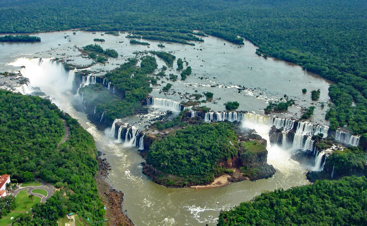 Aerial view of the Iguaçu waterfall system on the Brazil–Argentina border