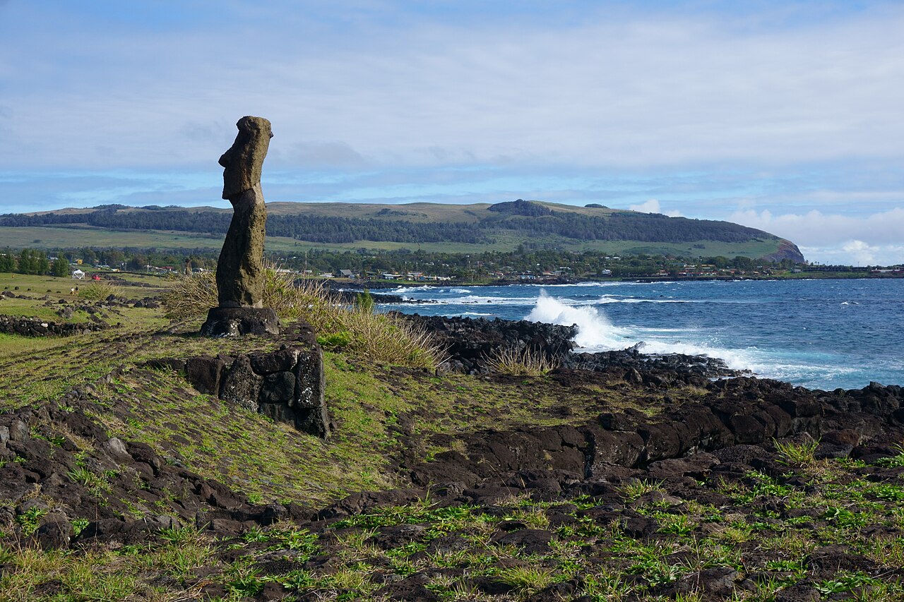A moai and the landscape near Hanga Roa, Rapa Nui, Chile