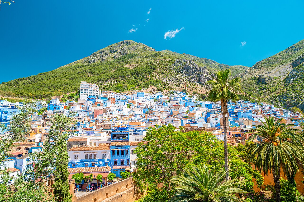 Chefchaouen's medina beneath the Rif mountains, Morocco